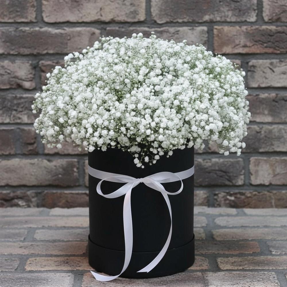 Цветочная композиция из Гипсофила в шляпной коробке в Дровосеки