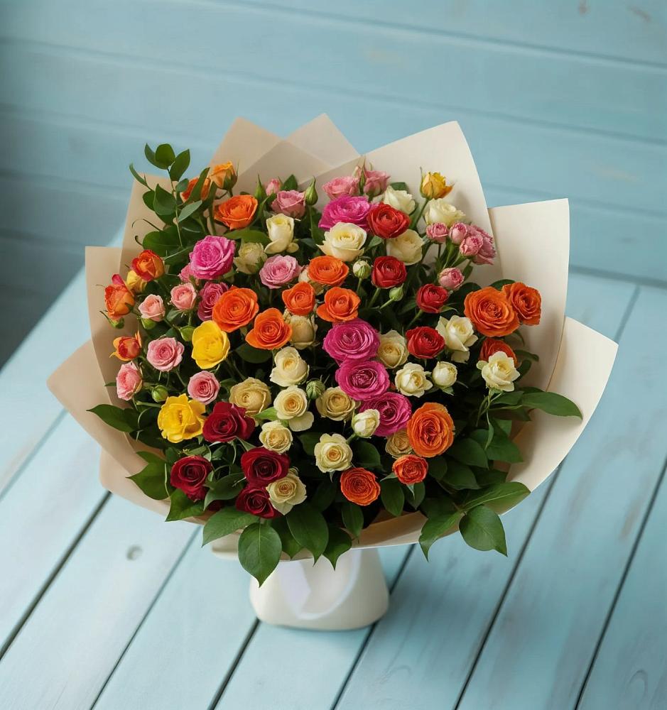 Букет Микс из разноцветных кустовых роз в Дровосеки