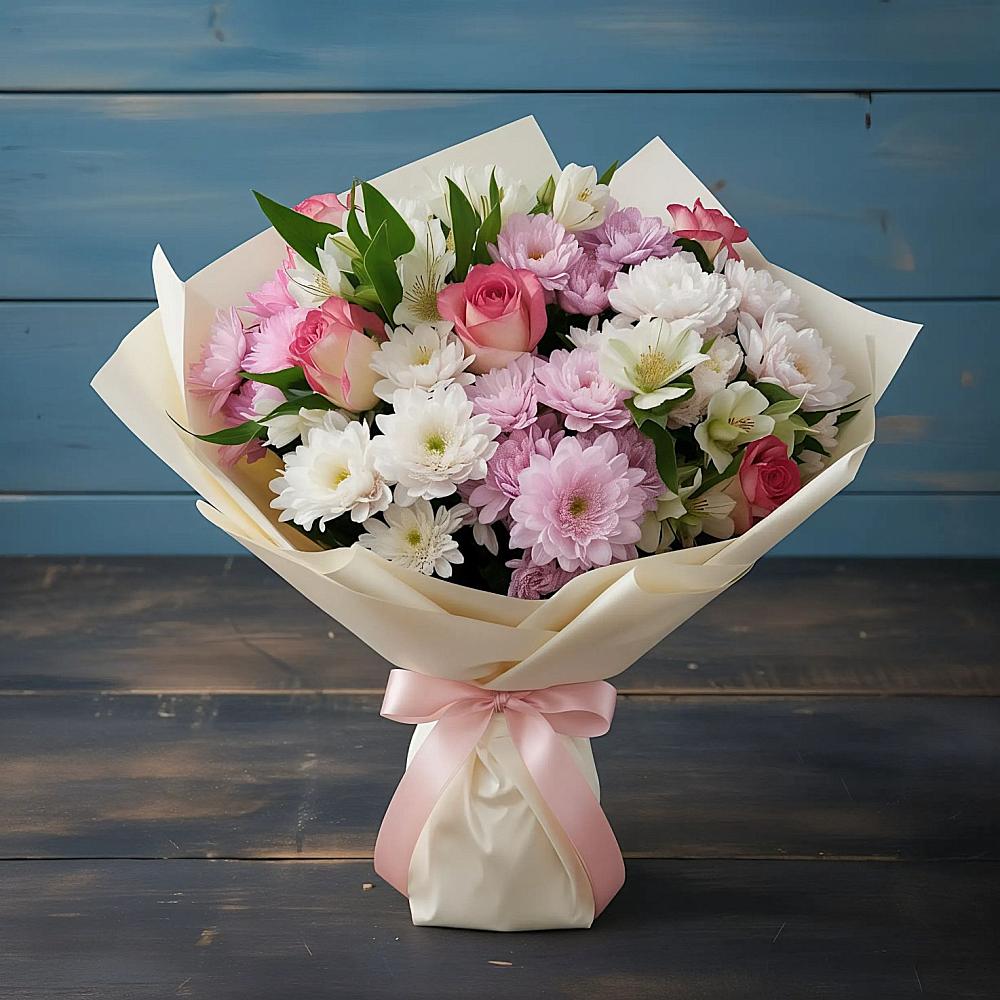 Букет цветов из: Хризантемы, Альстромерии и Розы в Дровосеки